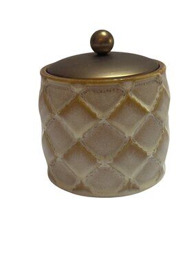 Ceramic Jar With Brass Finish Lid Textured Diamond Pattern Stylish Accent Storag